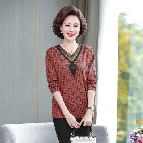 Lace Collar Women Printed T-Shirts 5XL Large Size Middle Aged Mother Long Sleeve Tops Spring Autumn Floral Pullover Clothing