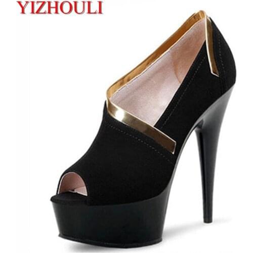 Womens summer 2018 super high heels, thin heel fish mouth water platform crystal shoes, open toe hollow sexy high heels 15cm
