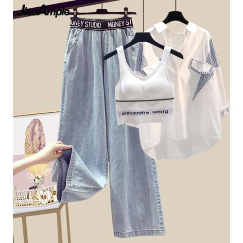 Womens Fashion 3 Pcs Clothing Set Summer 2021 Casual Joker Loose Shirt+Vest+High Waist Denim Pants Suit Lady Trendy Streetwear