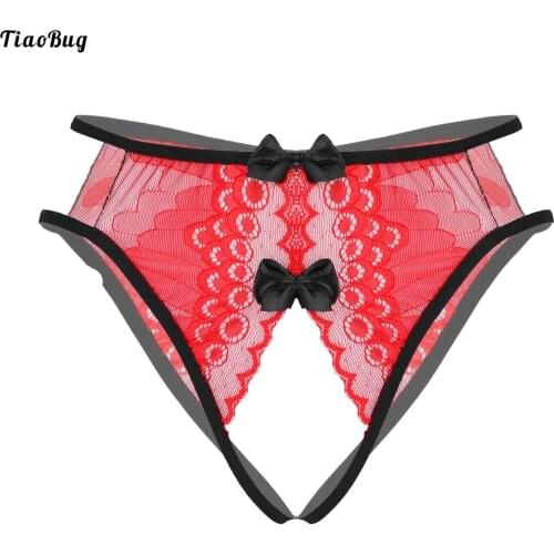 TiaoBug Women Floral Lace Crotchless Briefs Panties Bowknot Decor Thongs Underwear Open Butt Underpants Nightwear
