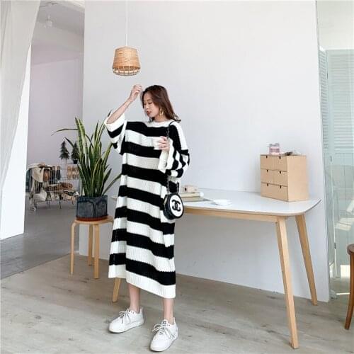 Women Autumn Winter Plus Size Striped Knitted Dress Female Casual Stripe Dress Ladies Knitwear 2020