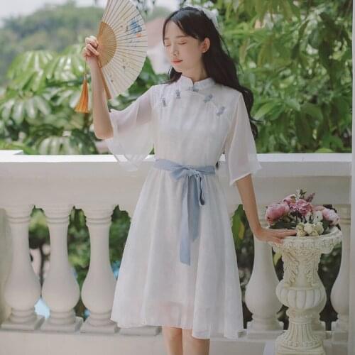 Women Guofeng Chiffon Embroidery Short Sleeve Retro Summer Dress Bow SashesThin Vintage Dress Vestidos de fiesta