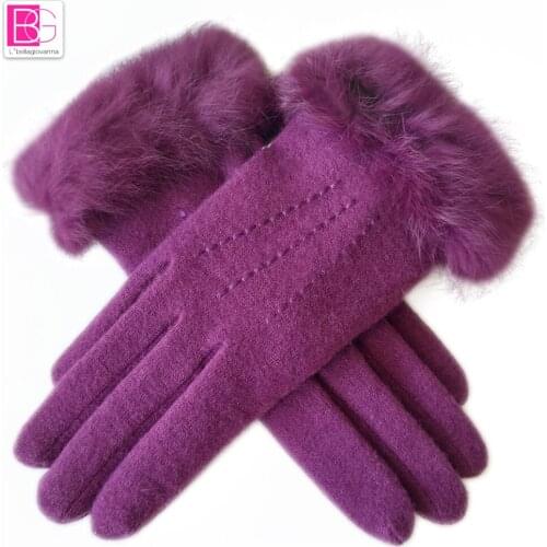 L'bellagiovanna 2017 Winter Gloves Fashion Solid Colors Women Warm Mittens Wool Cashmere Thin Short Rabbit Fur Gloves Elegant