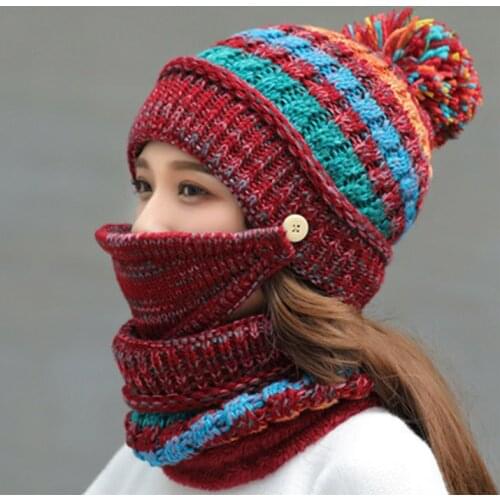 Winter women x27s rabbit fur pompom hats wool knitted Neck mask hat 3 pcs windproof warm lined beanies hat fashion bobble cap