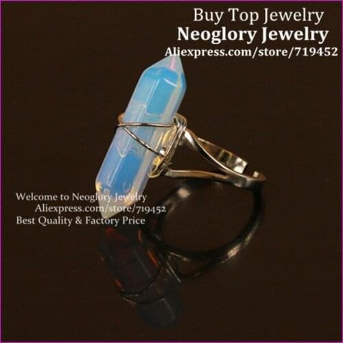 15pcs Nature Opal Opalite Point Wire Wrapped Ring with Plated Bail Adjustable Circle,Hexagon Gems Druzy Bead ring