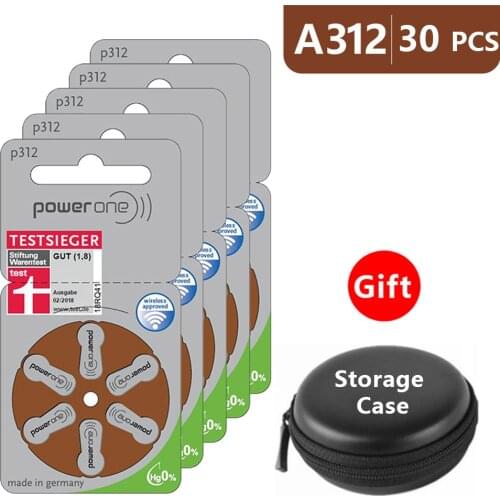 Hearing Aid Batteries Size 312 za Power one,Pack of 30,Brown Tab PR41 1.45V Type A312 AU-6nh Zinc Air Battery p312 with Case