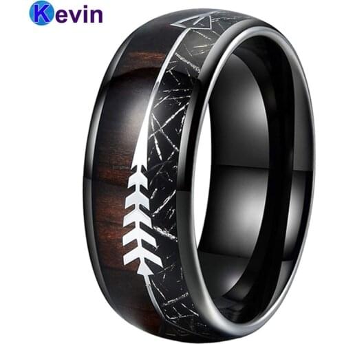 Black Meteorite Ring Tungsten Wedding Band For Men Women Dome Band With Arrow Koa Wood Inlay Comfort Fit