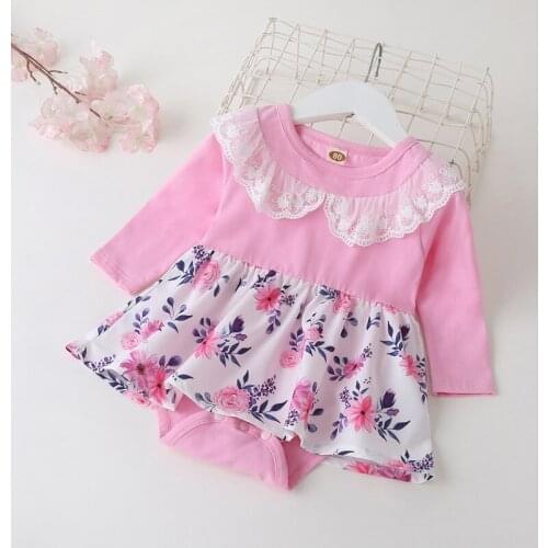 Newborn Baby Girl Clothes Flower Print Patchwork Lace Peter Pan Collar Long Sleeve Baby Girl Romper Sweet Princess Dress 3-18M