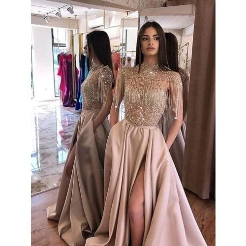 Elegant Dubai Blush Evening Dress 2020 High Neck Side Split with Pockets Beads Tassel Handmade Long Formal Prom Party Gown