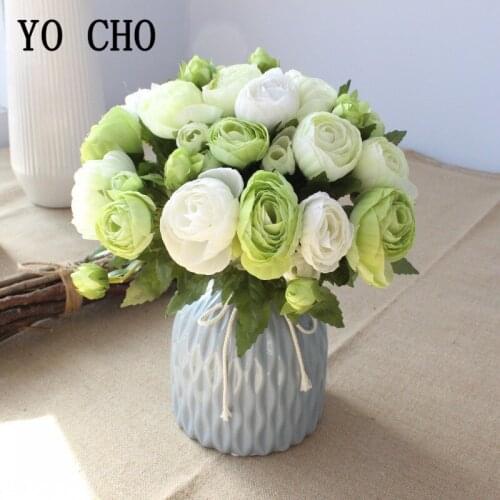 YO CHO Fake Tea Rose Artificial Flower Bouquet 10 Heads Silk Rose Bunch Flore for Christmas Home Wedding Table Decor Fake Flower