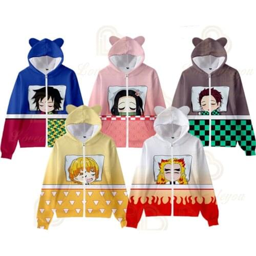 2020 New Arrival Demon Slayer 3D Printing Kids Cat Ears Zipper Hoody Cosplay Cardigan Children Wear for Birthday Gifts