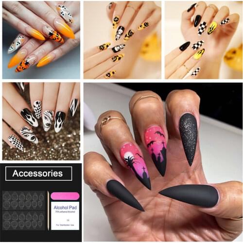 Buy 2 Boxes To Save Shipping Fee) Halloween Style Fake Press on Nails Stiletto Nail Tips Nail Art Tips With Nail Adhesive Tab