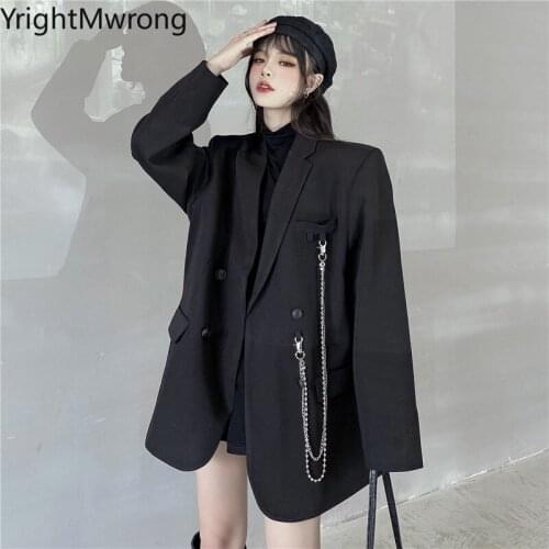 Long Sleeve Solid Blazer Lapel V-neck Double Breasted Button Loose Casual Jacket Chain Pocket Woman Man Coat Streetwear Fashion
