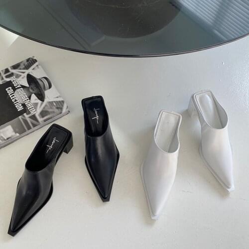 Fashion Women Sandals Slippers Roman Style Slides Party Pumps Thick Square Heeled Black/White Mules Shoes Pointed Toe Slides 39