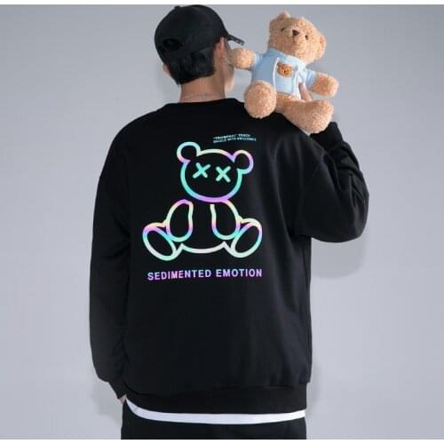 Mens Hoodies Casual Fashion Streetwear Pullover Reflective Colorful Bea Print O-Neck Unisex Sweatshirt Harajuku Cotton Plus Size
