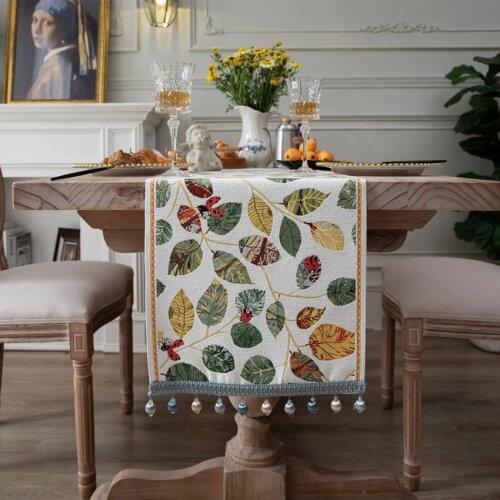 Table Runner Dustproof Polyester Leaves Printed with Tassel Table Cover Household Home Desktop Decoration for Dining Table