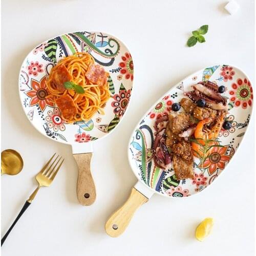 Nordic Dinner Plate Ceramic Steak Salad Tray with Wooden Handle Food Container Christmas Plates Home Decor Oval Dessert Dishes