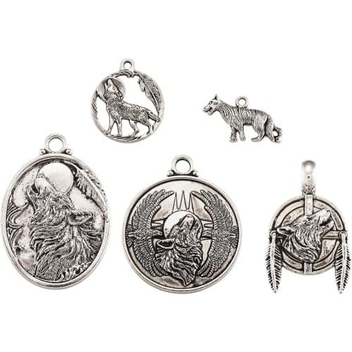 5 Sets Tibetan Antique Silver Color Wolf Pendants Charms For Bracelets Necklace Jewelry Making 14~47x21.5~35x2~10mm 6pcs/set