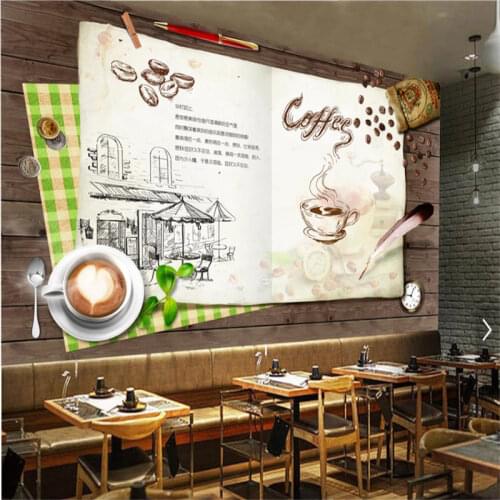 Retro Hand Drawn Cafe Coffee Shop Industrial Decor Background 3D Wallpaper Mural Casual Restaurants Snack Bar Wall Paper 3D