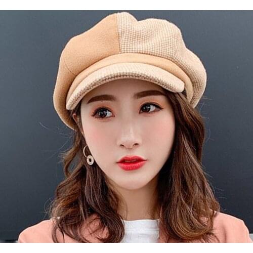 RUHAO Hot women wool beret hat British style elegant color matching octagonal cap female thick warm winter hats visor cap