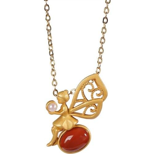 S925 sterling silver gold plated southern red Agate Pearl Pendant temperament Angel ladies clavicle chain set Chain pendant