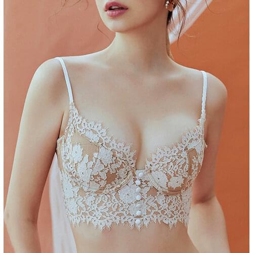 Sexy Lingerie French Womens underwear Mesh Cutout Lace Flower Embroidery Bralette Bra Comfort Push up Eyelash Female Underwear