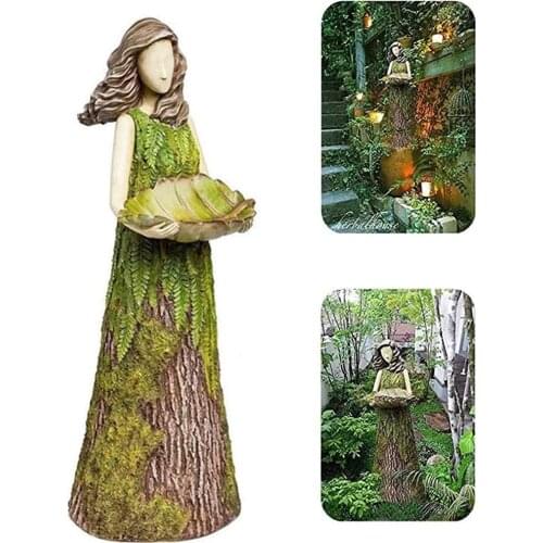 Fairy Garden Statue with Bird Feeder Lawn Resin Ornaments Garden Art Sculptures for Outdoor Decoration