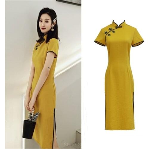 Chinese Traditional Vintage Dress for Women Oriental Elegant Slim Fashion Solid Color Cotton Linen Cheongsam Modern Qipao