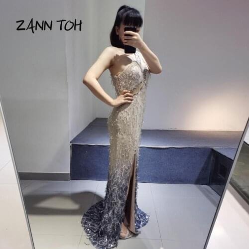 Evening Dresses Long 2020 Sexy Backless Illusion Floor Length Feathers Party Gowns Robe De Soiree