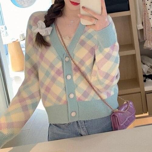 Vintage Plaid Knitted Cardigan Sweater Women Autumn Full Sleeve Casual Jumpers Korean Fashion Female Tops Jacket 2021