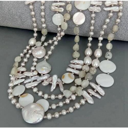 Y·YING 4 Strands natural multi shape Freshwater Pearl white coin shell Moonstone freeform Shell statement Necklace 28"