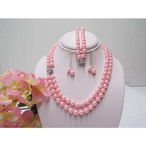 Natural pearl jewelry South Sea Shell Pink Pearl 2 Strand Necklace & Bracelet Earring Set 8mm 18'' 7.5'' Bridal hook