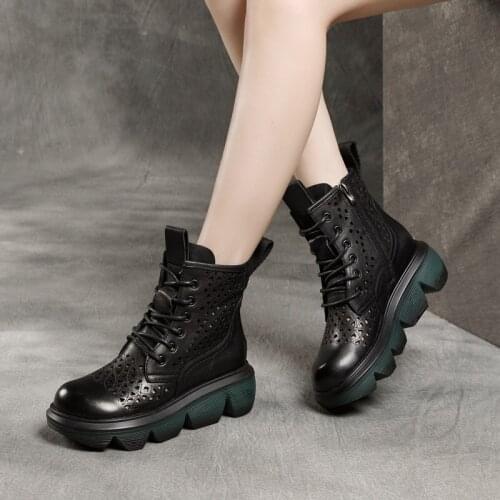 Yiluan 2021 New Year Handmade Leather Motorcycle Boots Womens Thick-soled Wedge Heel Leather Hollow Boots Summer Riding Boots
