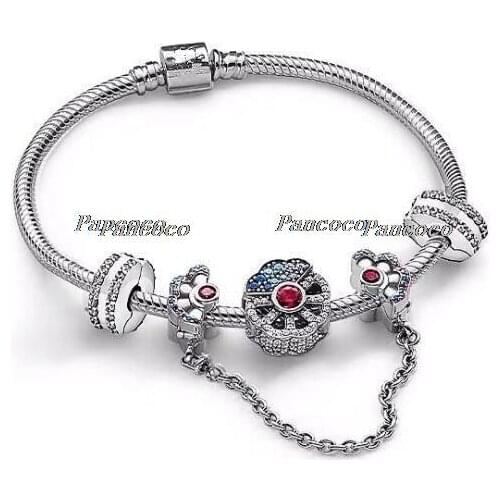 925 Sterling Silver Blue & Pink Fan With Crystal Safety Chain Beaded Bracelet For Women Wedding Gift Pandora Jewelry
