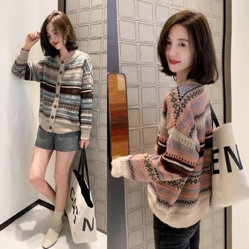 2021 Autumn New Women O-neck Striped Print Knitted Sweater Coat Female Chic Long Sleeve Single Breasted Loose Cardigan Tops Q828