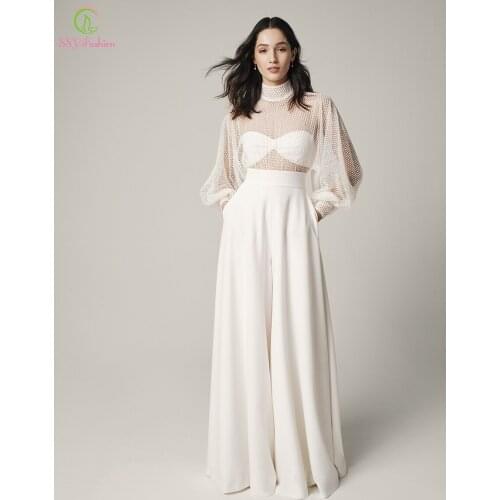 SSYFashion New White Long Sleeve Evening Dress High-neck Mesh Transparent Smooth Satin Party Formal Gowns for Women Vestidos