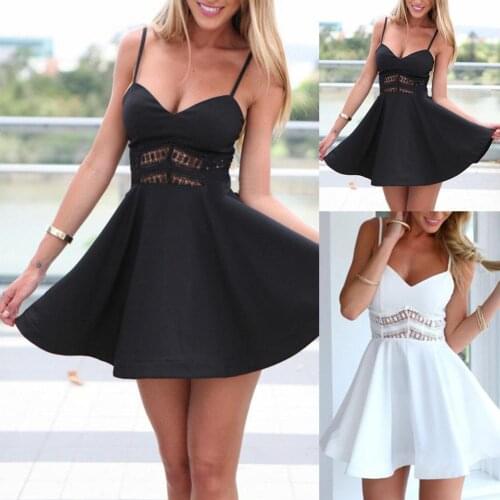 Hot Sales Women Sexy Sleeveless V Neck Backless Solid Color Lace Beach Mini Slip Dress