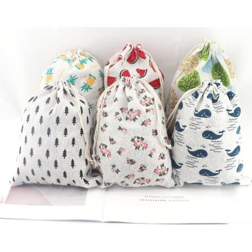 10pcs Cartoon Drawstring Bag Multiple Styles Printed Cotton Storage Pocket Snacks Jewelry Cosmetics Toys Dustproof Organizer