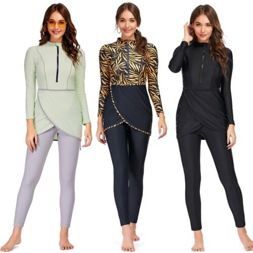 2021 Women Muslim Sofia Swimwear Hijab Long Sleeves Modest Patchwork Swimsuit 3pcs Islamic Burkinis Wear Swim Bathing Suit 4XL