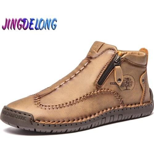 Brand Mens Boots Leather Mens Ankle Boots Work Boots Metal Zipper Outdoor Waterproof Men Moccasin Platform Boots Casual Shoes