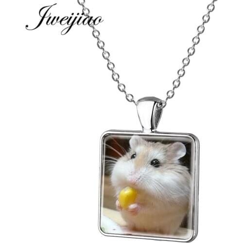 JWEIJIAO Cute Small Pet Mouse Hamster Necklace Square Shape Glass Cabochon Choker Statement Collier Pendant Sweater Chain QF516