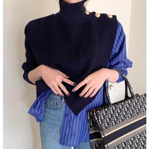 Korean Chic Spring Autumn High Collar Side Buttons Fake Two-Piece Shirt Women Splice Striped Bubble Sleeve Ladies Blue Sweater