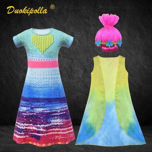 Summer Trolls Dress Vest Coat Clothing Set for Girls Trolls Wig for Children Queen Poppy Halloween Cosplay Costume Girl Dress Up