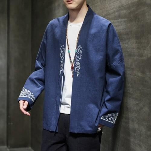 Chinese Style Mens Embroidered Hanfu Long Sleeve Cotton Linen Ancient Customs Traditional Clothing Hantang Coat Jacket Tops