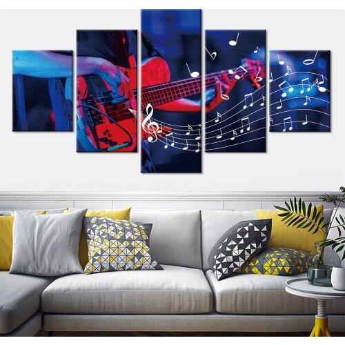 Wall Art 5 Pieces Play the Guitar Picture Music notes Posters Painting on Canvas for Living Room Prints