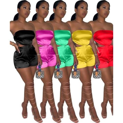 Summer New Ice Silk Bellyband Shorts Two Piece Set Women Sexy Strapless Irregular Crop Top Casual Suit