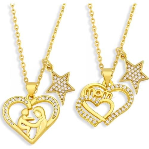 FLOLA CZ Pave Heart Mom Necklace For Women Gold Plated Star Charms Pendant Necklace Wholesale Jewelry Mothers Day Gifts nkev65