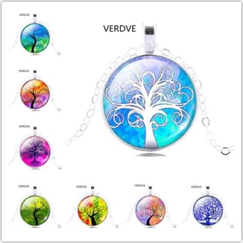 VERDVE Tree of Life Pendant Necklace Art Glass Cabochon Necklace Bronze Chain Vintage Statement Necklace Necklace Womens Jewelr