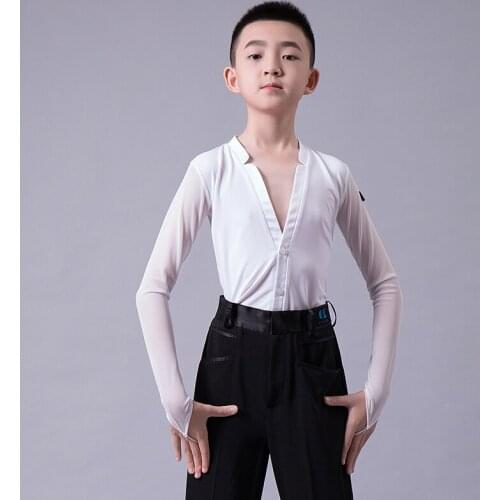 New Latin Dance Clothes For Kids Long Sleeve V-Neck Black/White Practice Tops Boys Professional Latin Competition Shirt VO1381