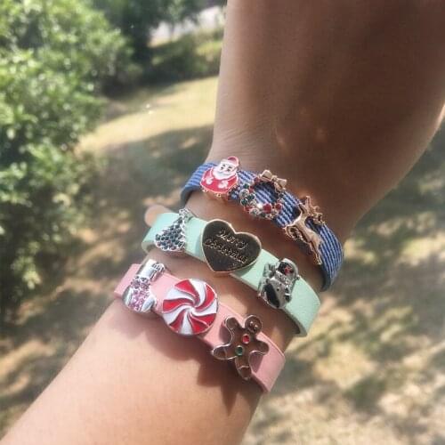 Somsoar Jewelry Genuine Leather Wrap Xmas Charm Bracelet Set with Christmas collection slide charms for Christmas Day Gift